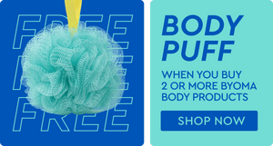Teal body puff with promotional text on a blue background