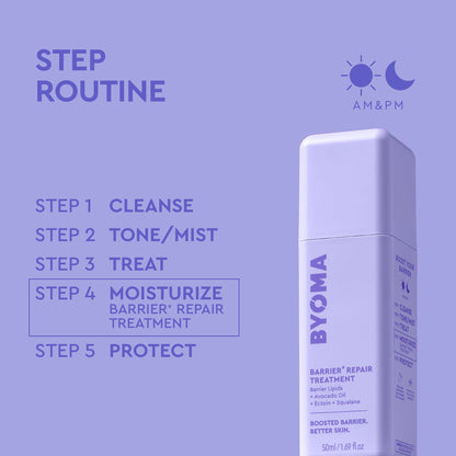 BYOMA barrier repair treatment bottle with step routine on a purple background