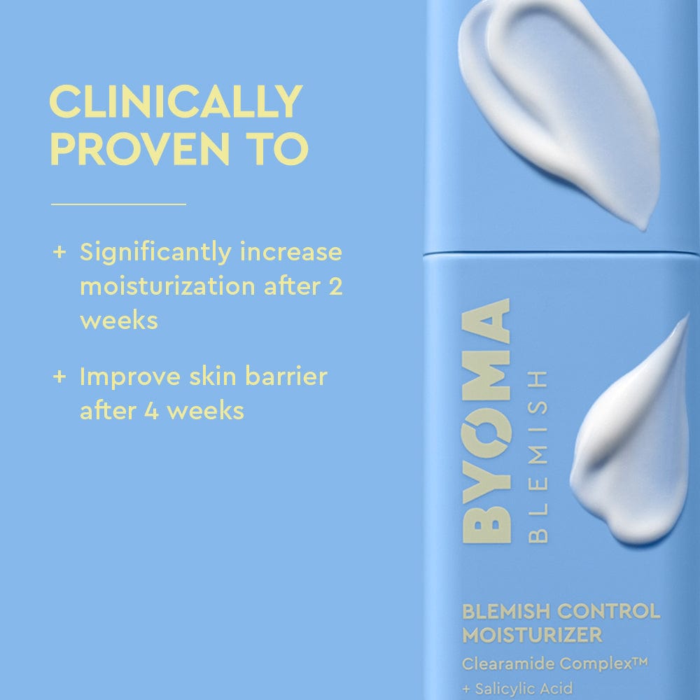 BYOMA Blemish Control Moisturizer bottle with text on a blue background