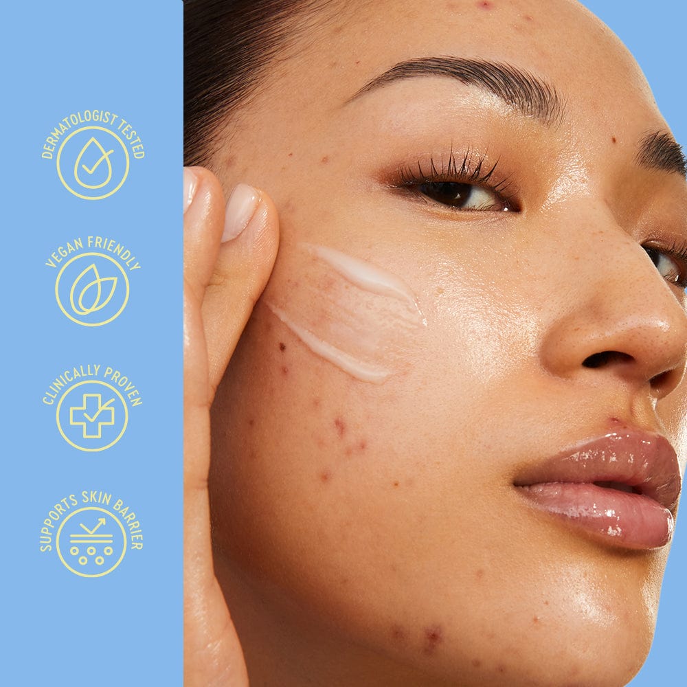 Close-up of a woman applying a skincare product to her face with a blue background and icons indicating product features.