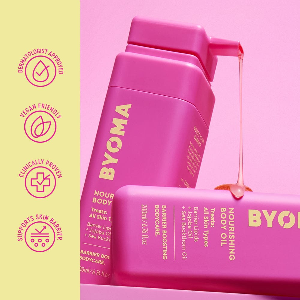 Pink BYOMA nourishing body oil bottle with pump on a pink background