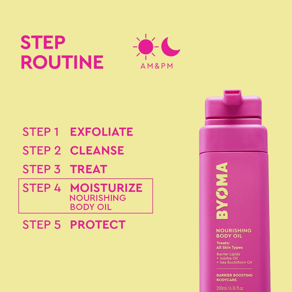 BYOMA nourishing body oil bottle with step routine on a yellow background