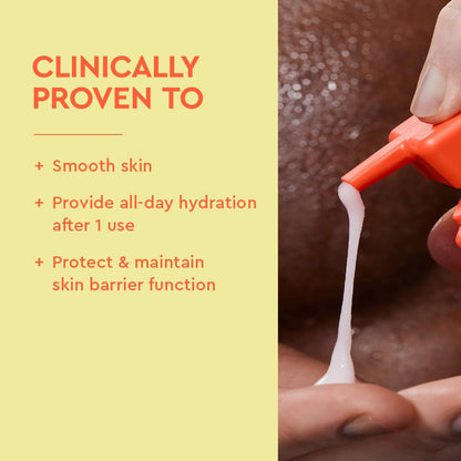 Product being applied to skin with text highlighting clinical benefits on a yellow background
