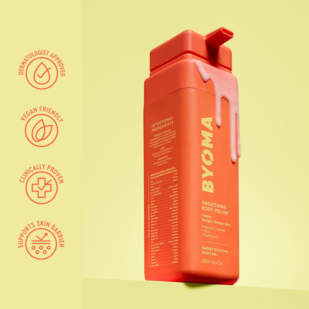 Orange BYOMA body polish bottle with labels on a yellow background