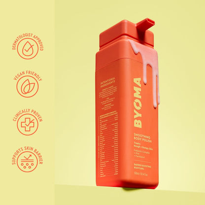 Orange BYOMA body polish bottle with labels on a yellow background