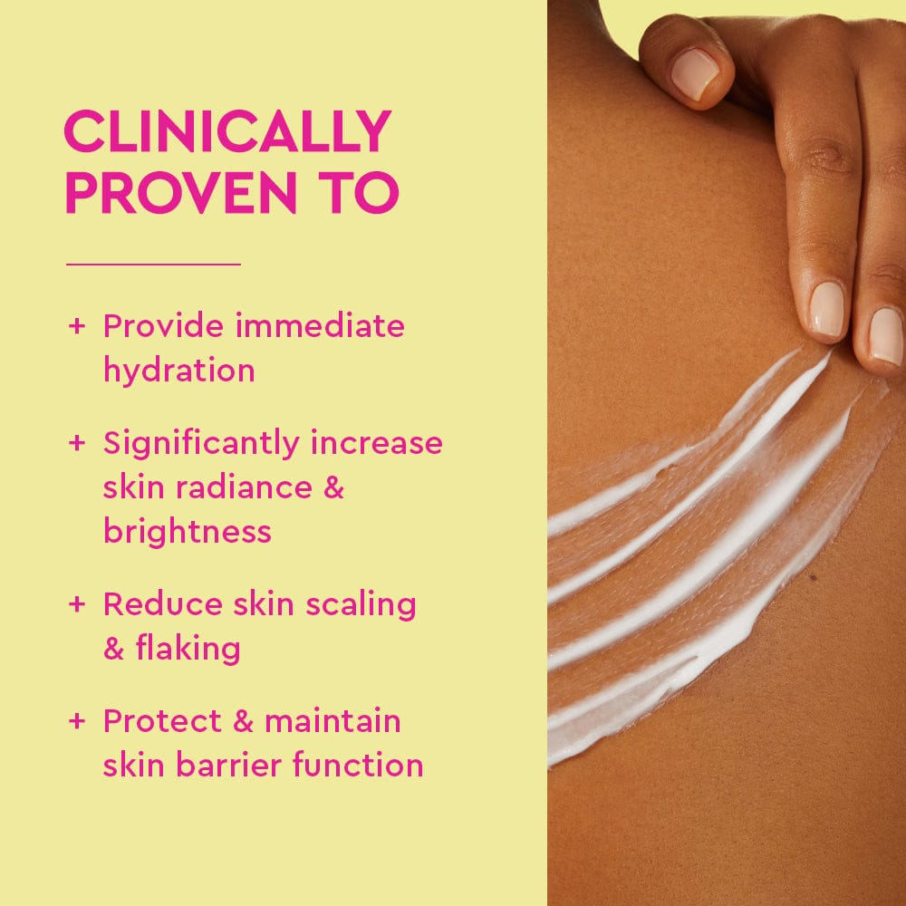 Product application on skin with text highlighting benefits on a yellow background