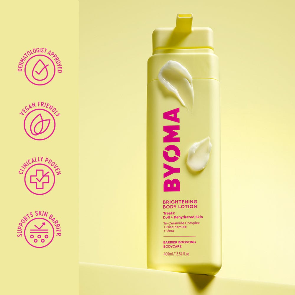 BYOMA brightening body lotion bottle on a yellow background with icons