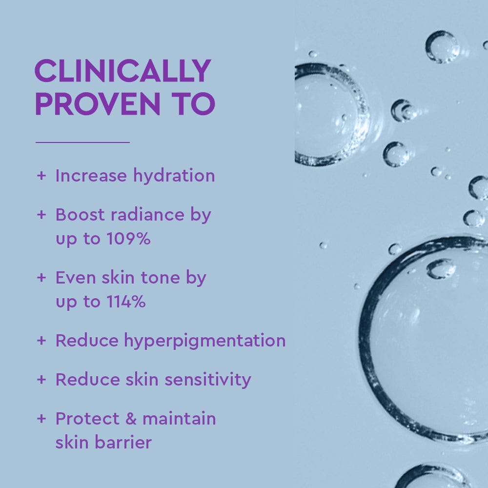 Product advertisement with clinical benefits listed on a blue background with water droplets.