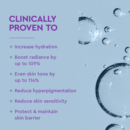 Product advertisement with clinical benefits listed on a blue background with water droplets.