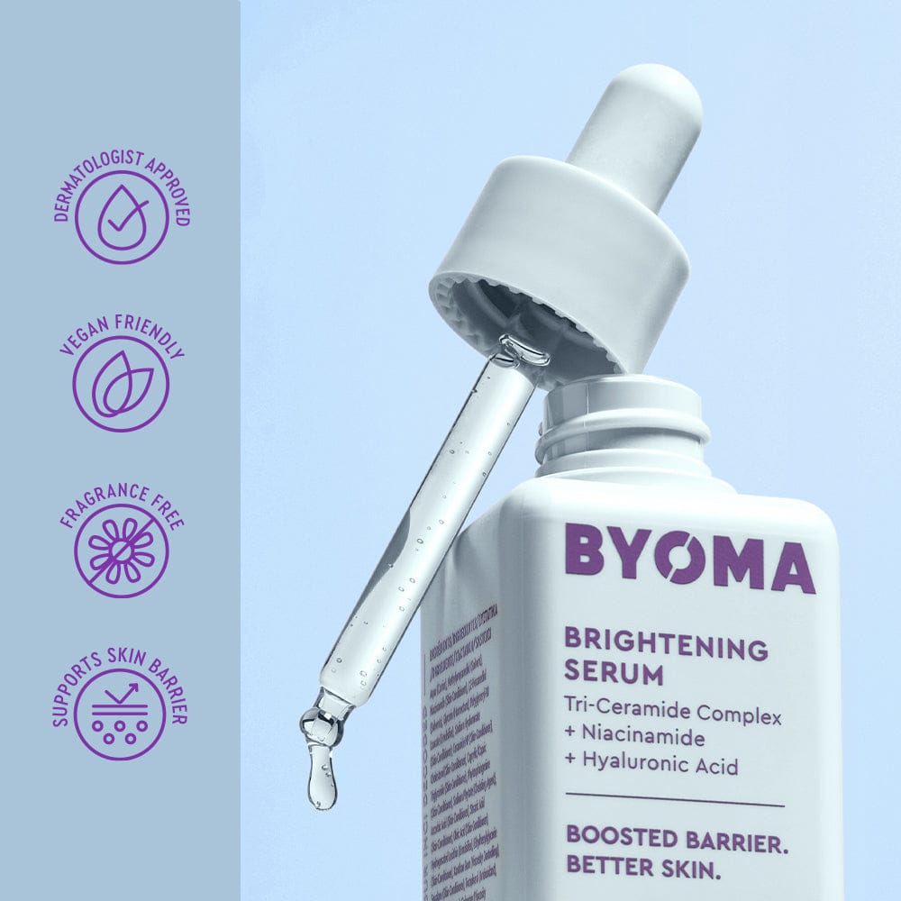 BYOMA brightening serum bottle with dropper on a light blue background
