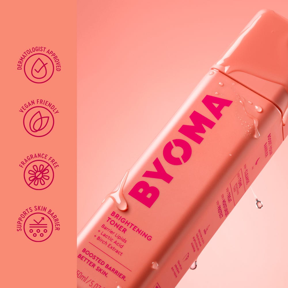 BYOMA brightening toner bottle on a pink background with brand icons.