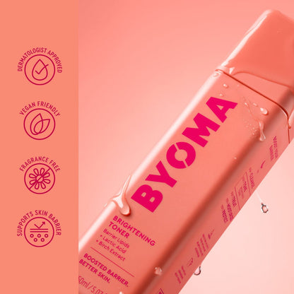 BYOMA brightening toner bottle on a pink background with brand icons.