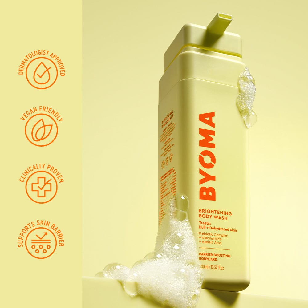 BYOMA brightening body wash bottle with icons on a yellow background