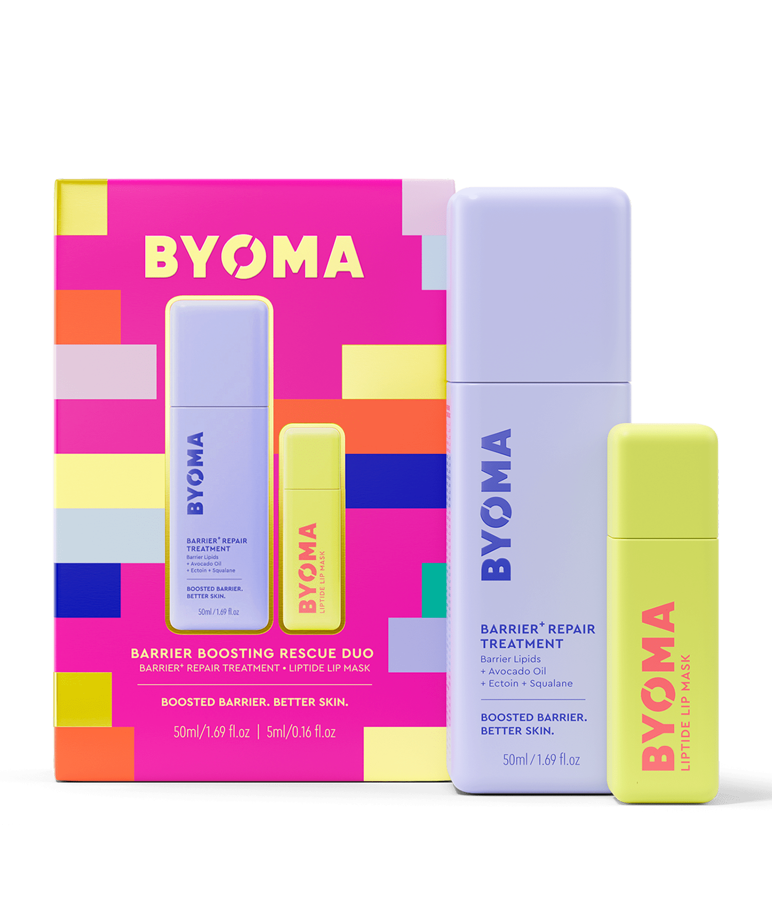 A pack of BYOMA BARRIER BOOSTING RESCUE DUO alongside the products BYOMA BARRIER REPAIR TREATMENT and BYOMA LIPTIDE LIP MASK