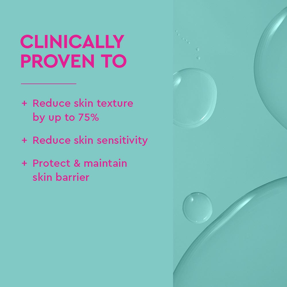 Cosmetic product with text claiming clinical proven benefits on a teal background