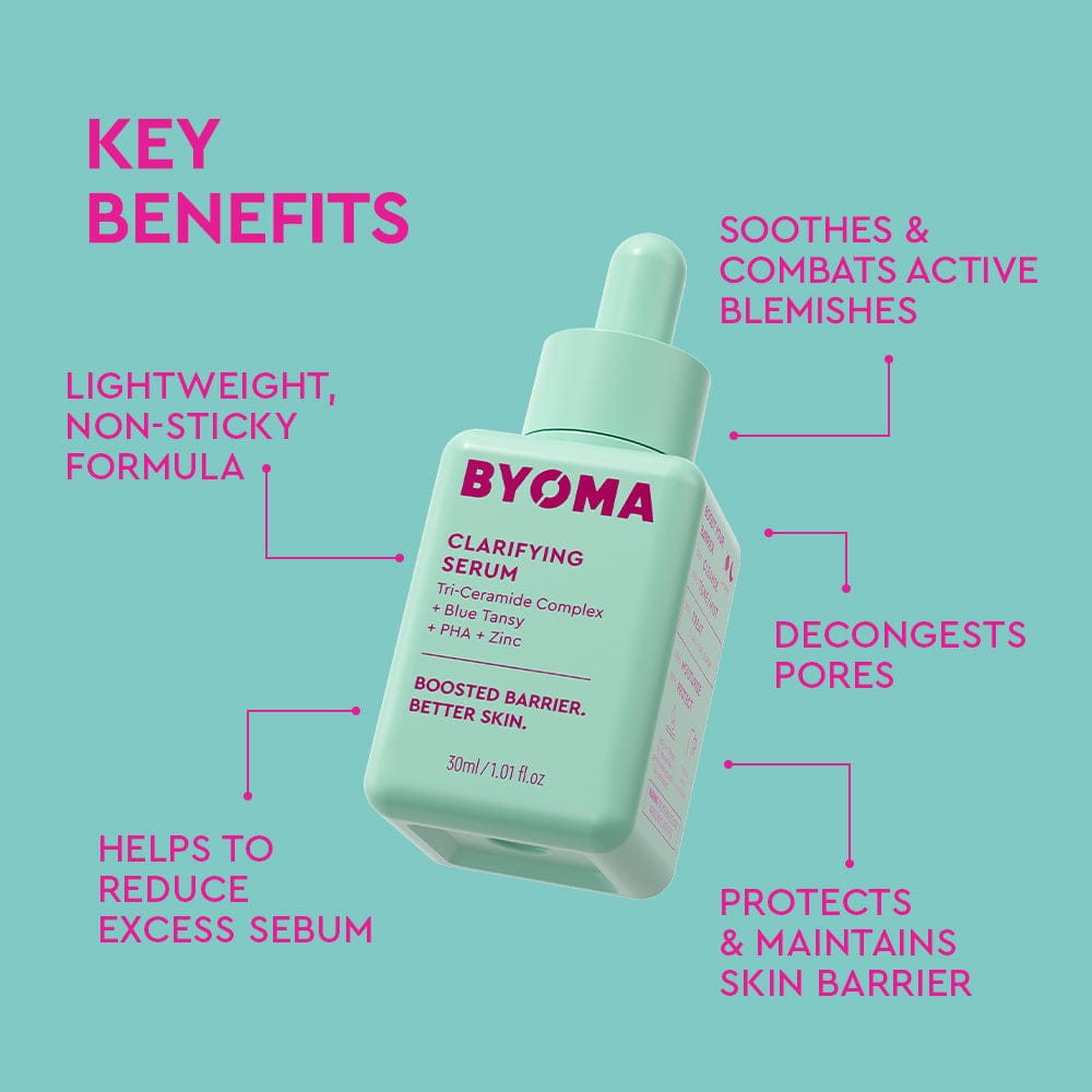 BYOMA clarifying serum bottle with key benefits on a teal background