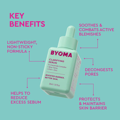 BYOMA clarifying serum bottle with key benefits on a teal background