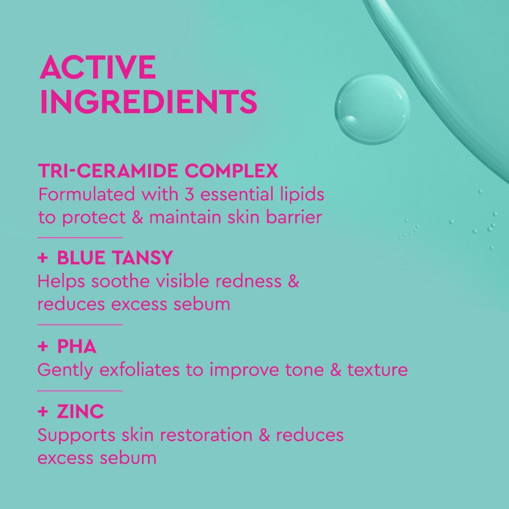 List of active ingredients on a teal background with a droplet graphic.