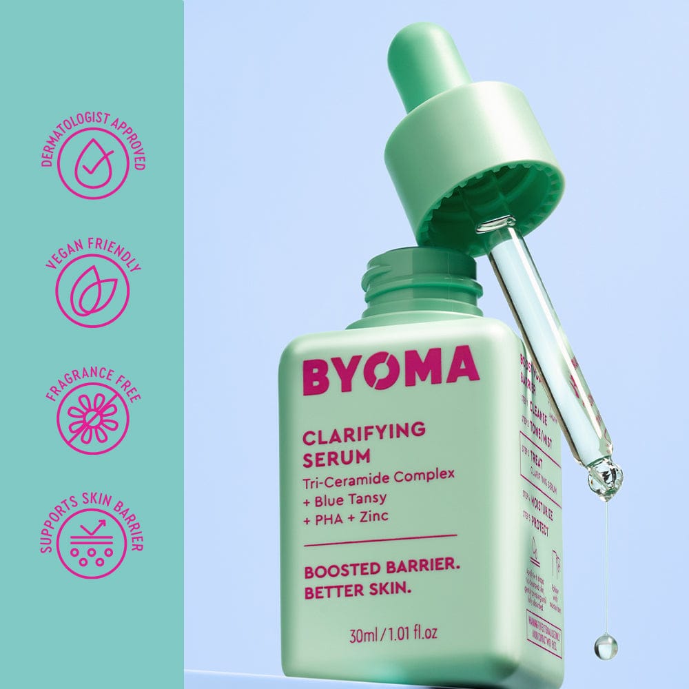 BYOMA clarifying serum bottle with dropper on a light blue background