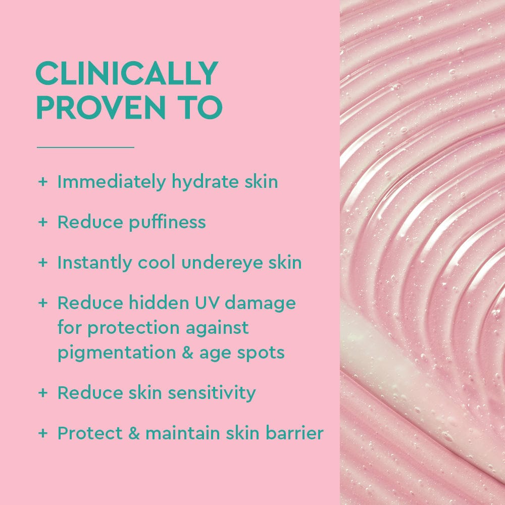 Pink skincare product with text highlighting its benefits on a pink background