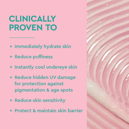 Pink skincare product with text highlighting its benefits on a pink background