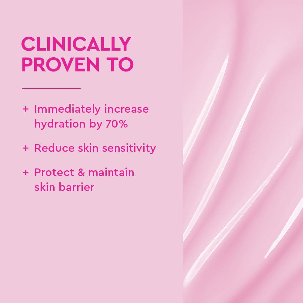 Pink background with text about skincare benefits on the left side