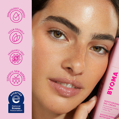 Woman holding a Byoma skincare product with brand icons on a pink background