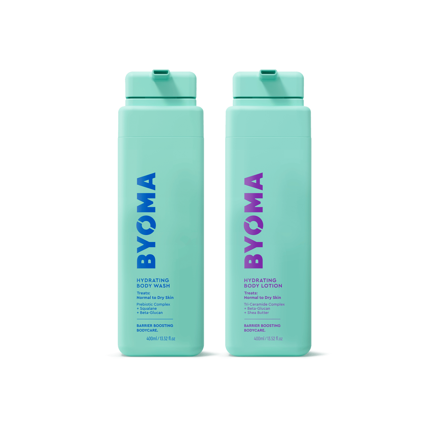 HYDRATING BODY WASH and HYDRATING BODY LOTION bottles sitting together.