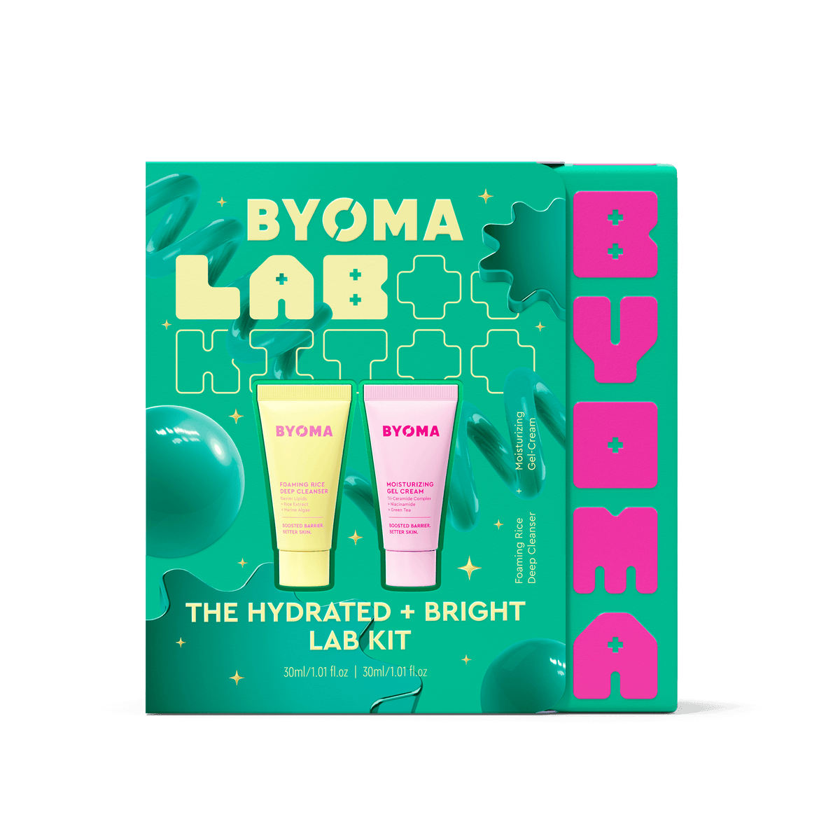 Byoma Lab Kit 'The Hydrated + Bright Lab Kit' in its retail box, featuring a bright teal background with lime green and hot pink graphics, showcasing two tubes of skincare cream inside.