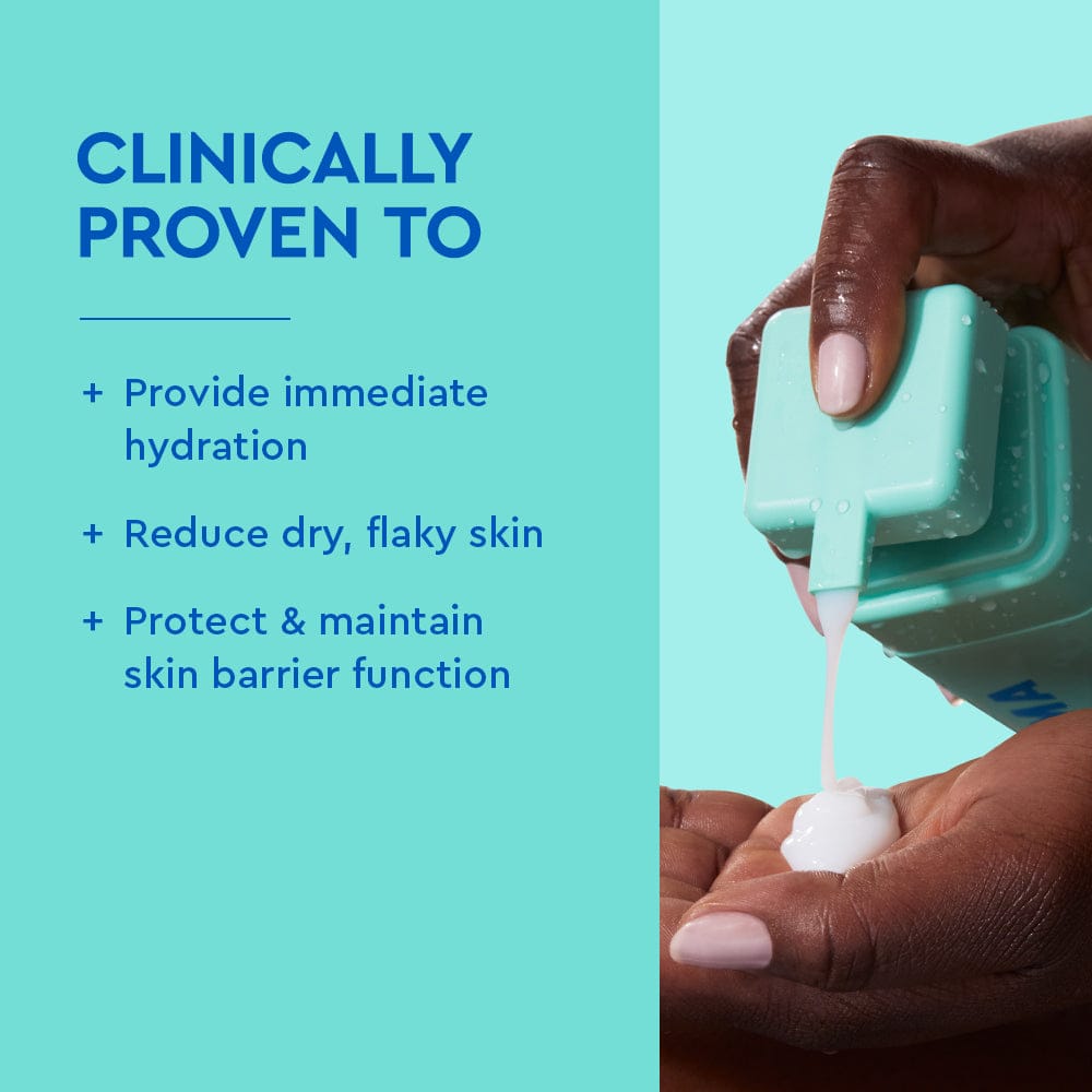 Hand holding a skincare product with text on a teal background