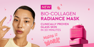 Promotional image of a bio-collagen radiance mask with a woman applying it, set against a pink background.