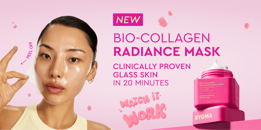 Woman with glowing skin holding a mask, with BYOMA bio-collagen radiance mask packaging on a pink background.
