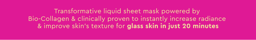 Promotional text for a liquid sheet mask with Bio-Collagen on a pink background