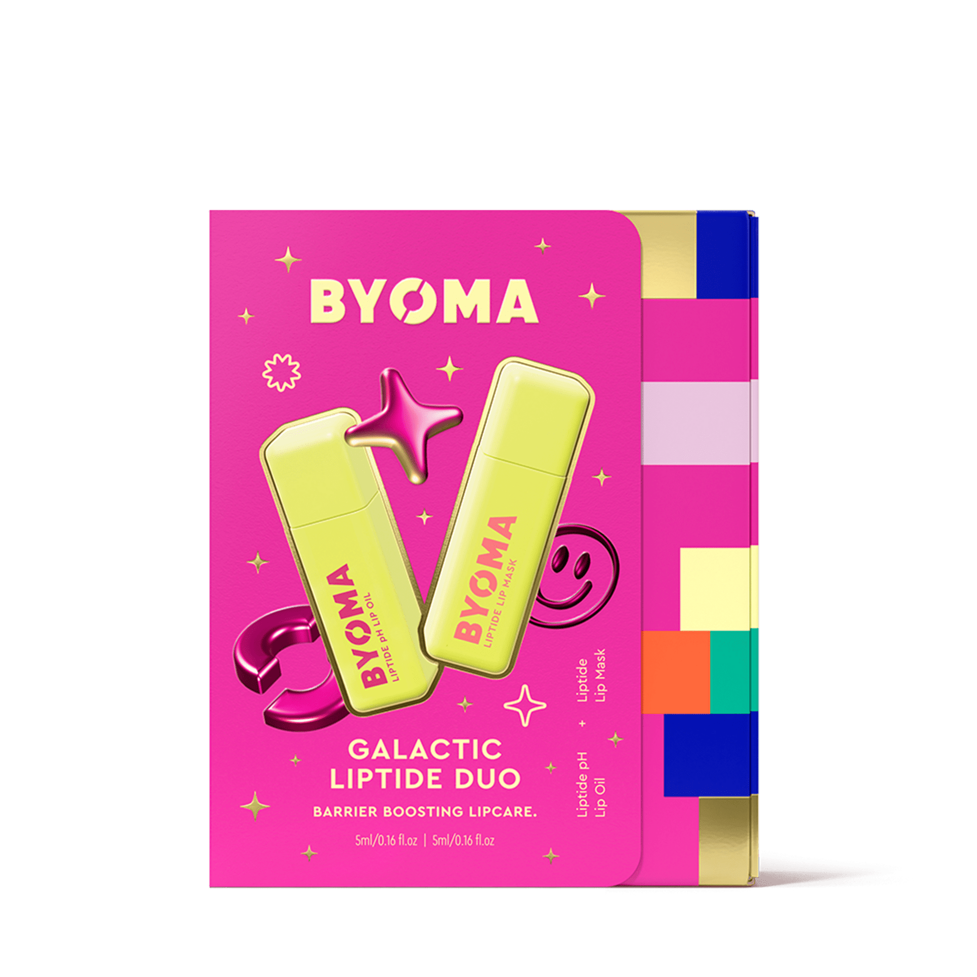 Bright pink rectangular packaging featuring two lime green tubes of BYOMA lip products crossed in an "X" shape. Decorative elements like a 3D star, a smiley face, and sparkles surround the products. Text reads: "BYOMA Galactic Liptide Duo. Barrier Boosting Lipcare." with product details: “Liptipe pH Lip Oil” and “Liptide Lip Mask”.