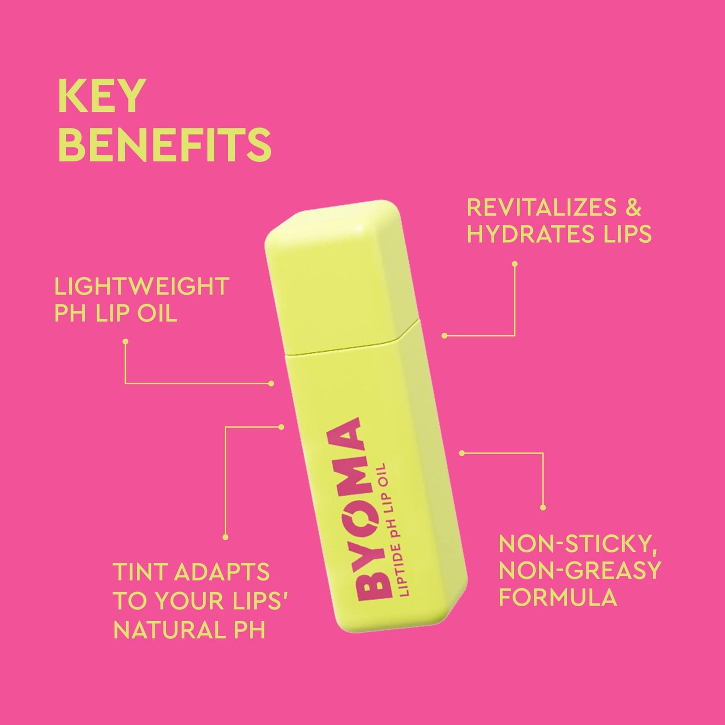 A BYOMA Liptide pH Lip Oil tube on a hot pink background with yellow text and pointers highlighting benefits:

Lightweight pH lip oil

Tint adapts to your lips’ natural pH

Revitalizes & hydrates lips

Non-sticky, non-greasy formula