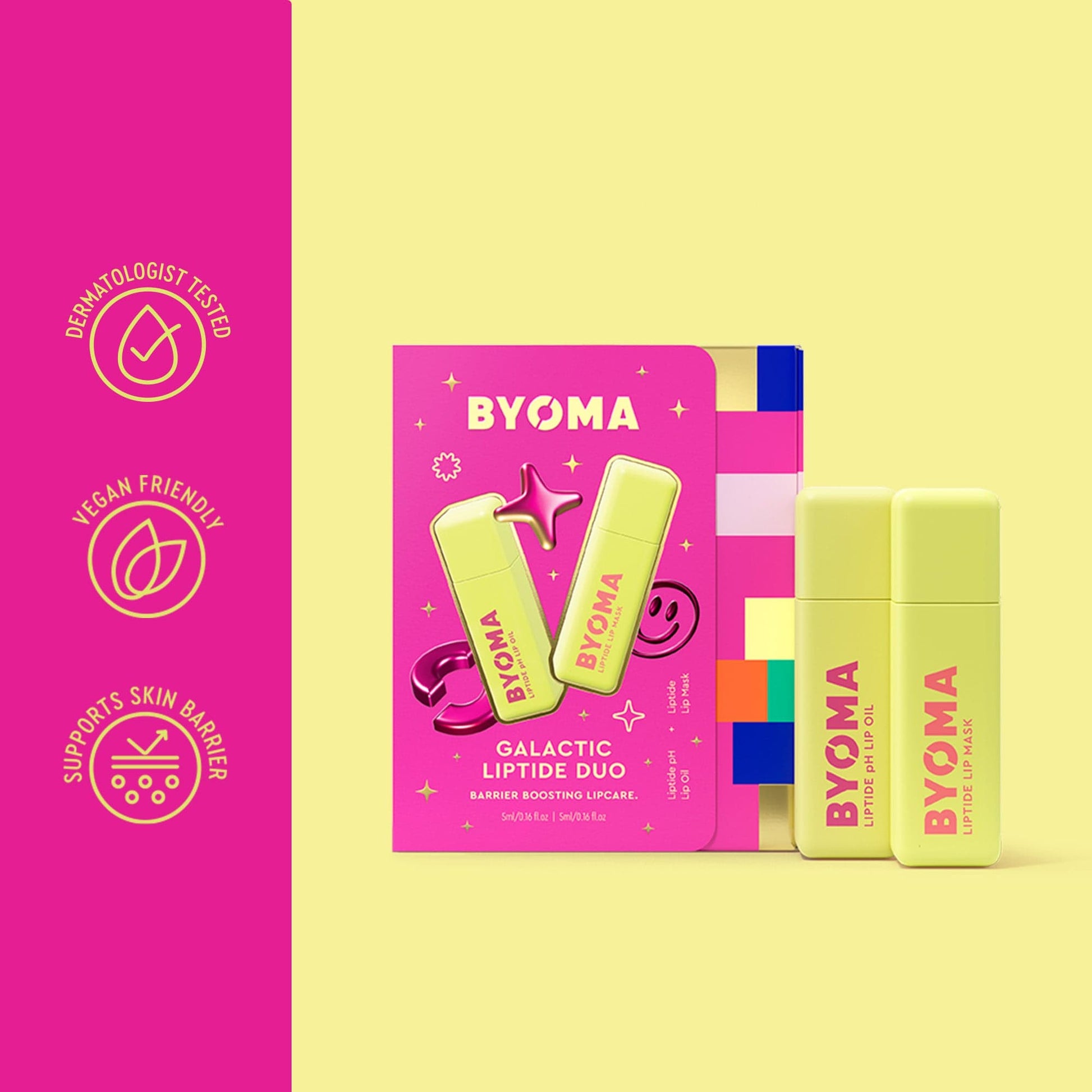 Split background: left side is hot pink with icons and text reading “Dermatologist Tested,” “Vegan Friendly,” and “Supports Skin Barrier.” Right side has a yellow background with the Galactic Liptide Duo package and two individual lime green BYOMA lip products standing upright — labeled “Liptide Lip Oil” and “Liptide Lip Mask.”