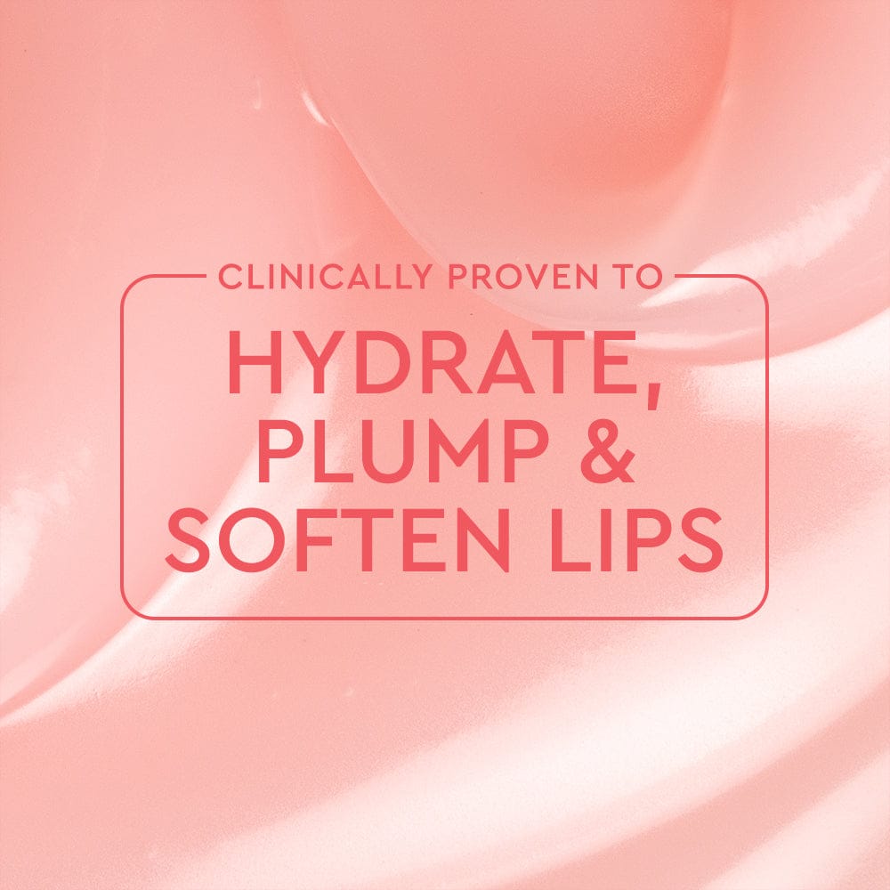 Text on a pink background claiming to hydrate, plump, and soften lips clinically.