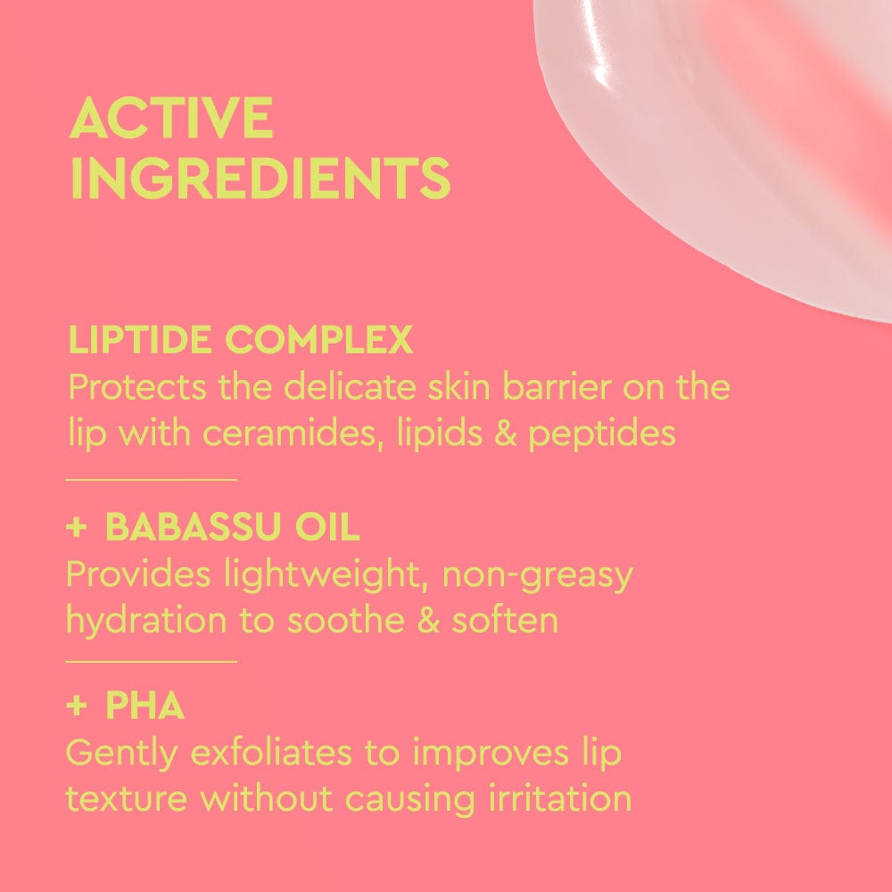 List of active ingredients for a lip product on a pink background