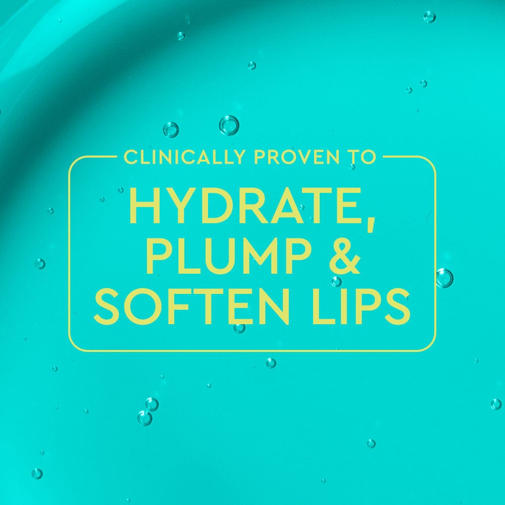 Text on a teal background claiming lip care benefits