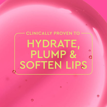 Pink lip balm with text claiming to hydrate, plump, and soften lips.
