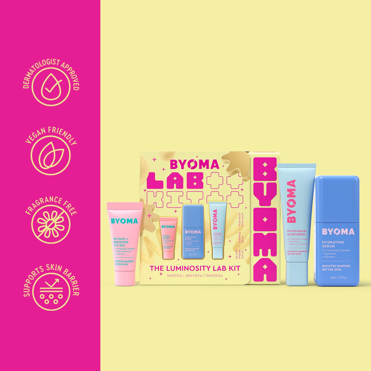 Byoma Luminosity Lab Kit featuring a pink and gold gift box with three tubes and two bottles of skincare products, displayed on a split yellow and pink background with product feature icons on the left.