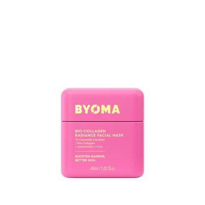 Pink facial mask container with 'BYOMA' branding on a white background