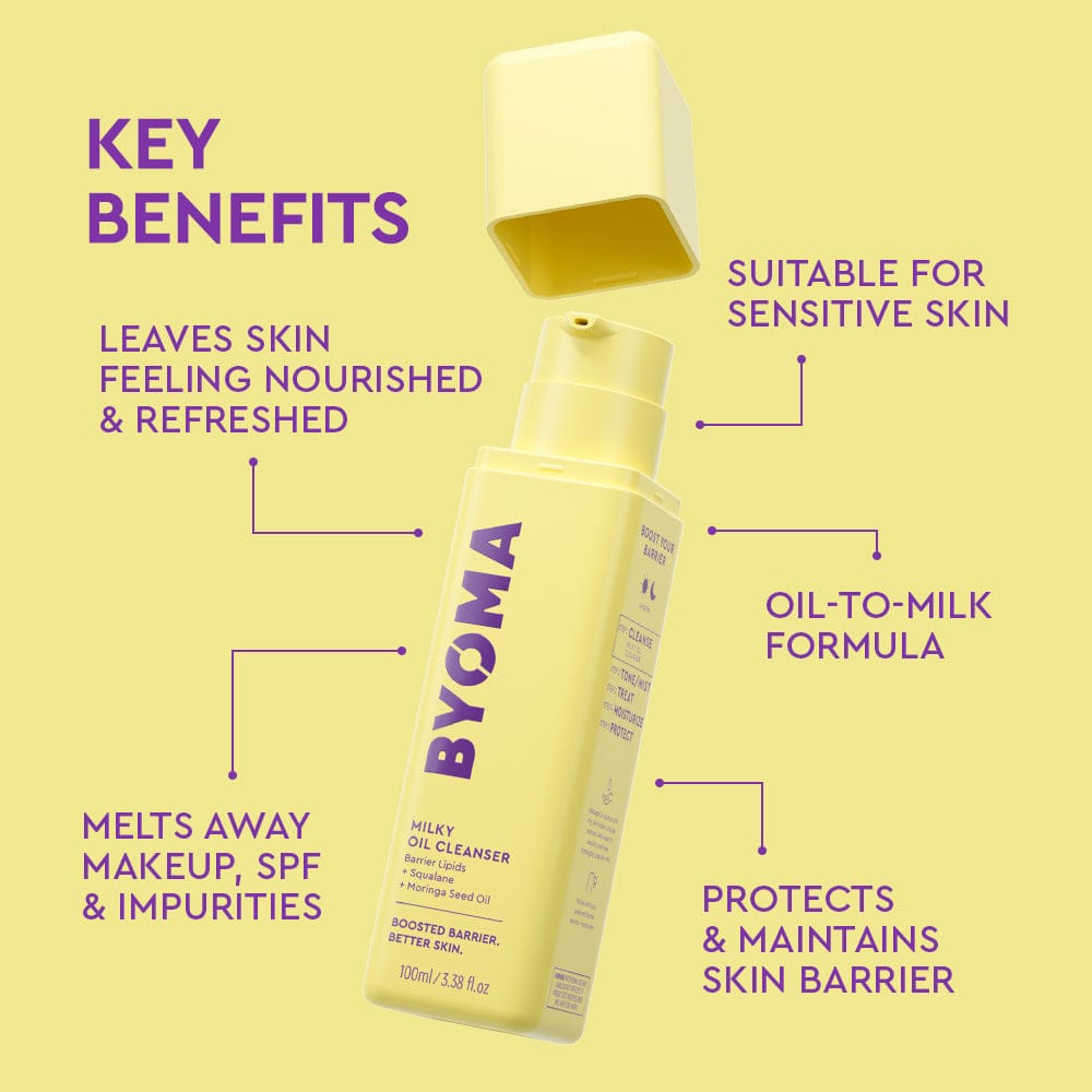 Yellow bottle of BYOMA oil cleanser with key benefits listed on a yellow background