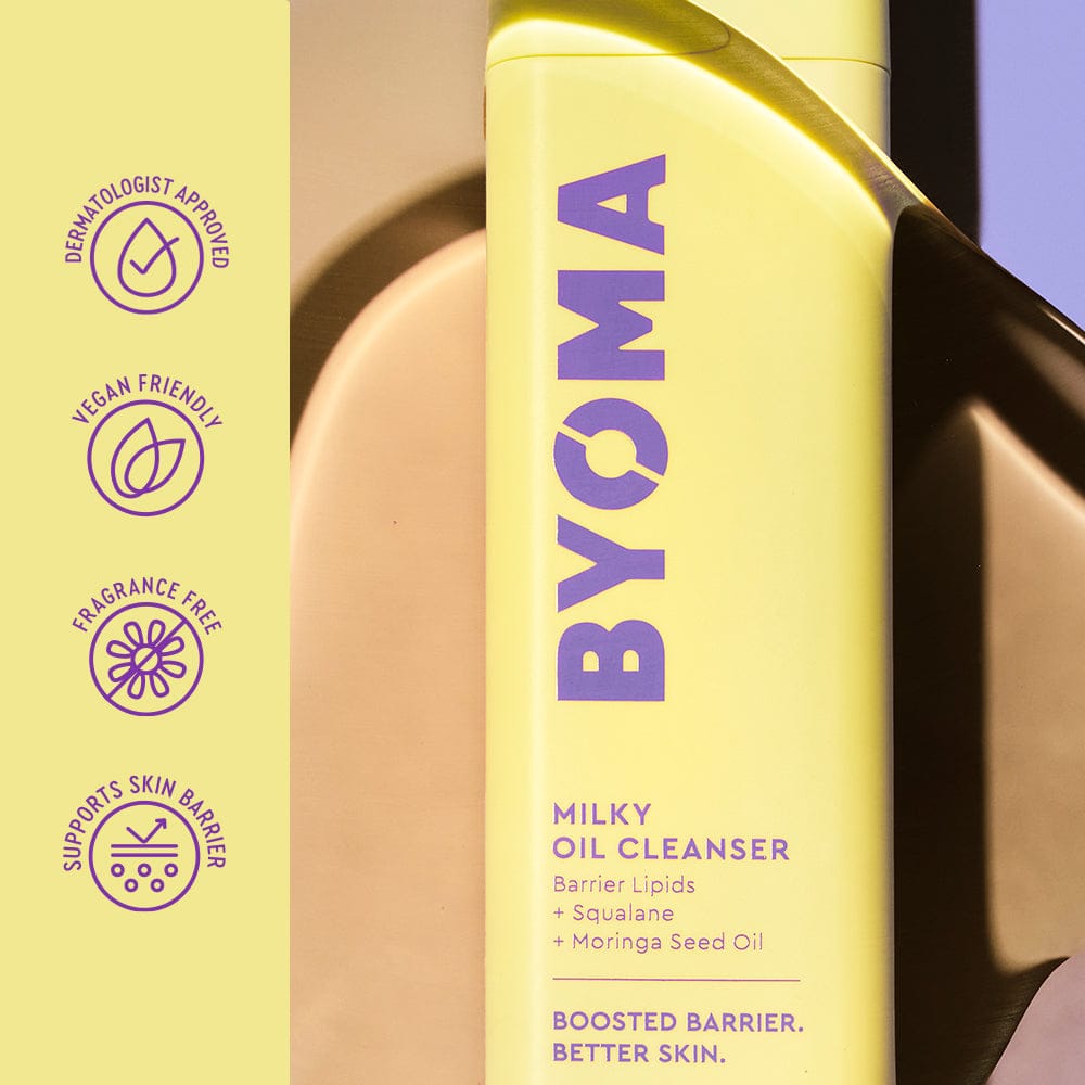BYOMA Milky Oil Cleanser bottle with branding and product details on a gradient background