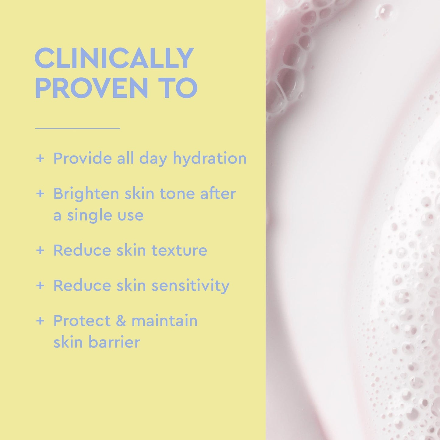 Product packaging with text on a yellow background and a close-up of a textured surface on the right.