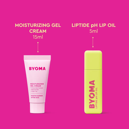 Two BYOMA skincare products on a bright pink background: a pale pink tube labeled Moisturizing Gel Cream 15ml, and a yellow rectangular bottle labeled Liptide pH Lip Oil 5ml, with text labels above each product.