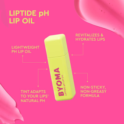 A yellowBYO MA Lip Oil tube centered on a vivid pink background with decorative lip gloss swirls and callout text describing the product benefits.