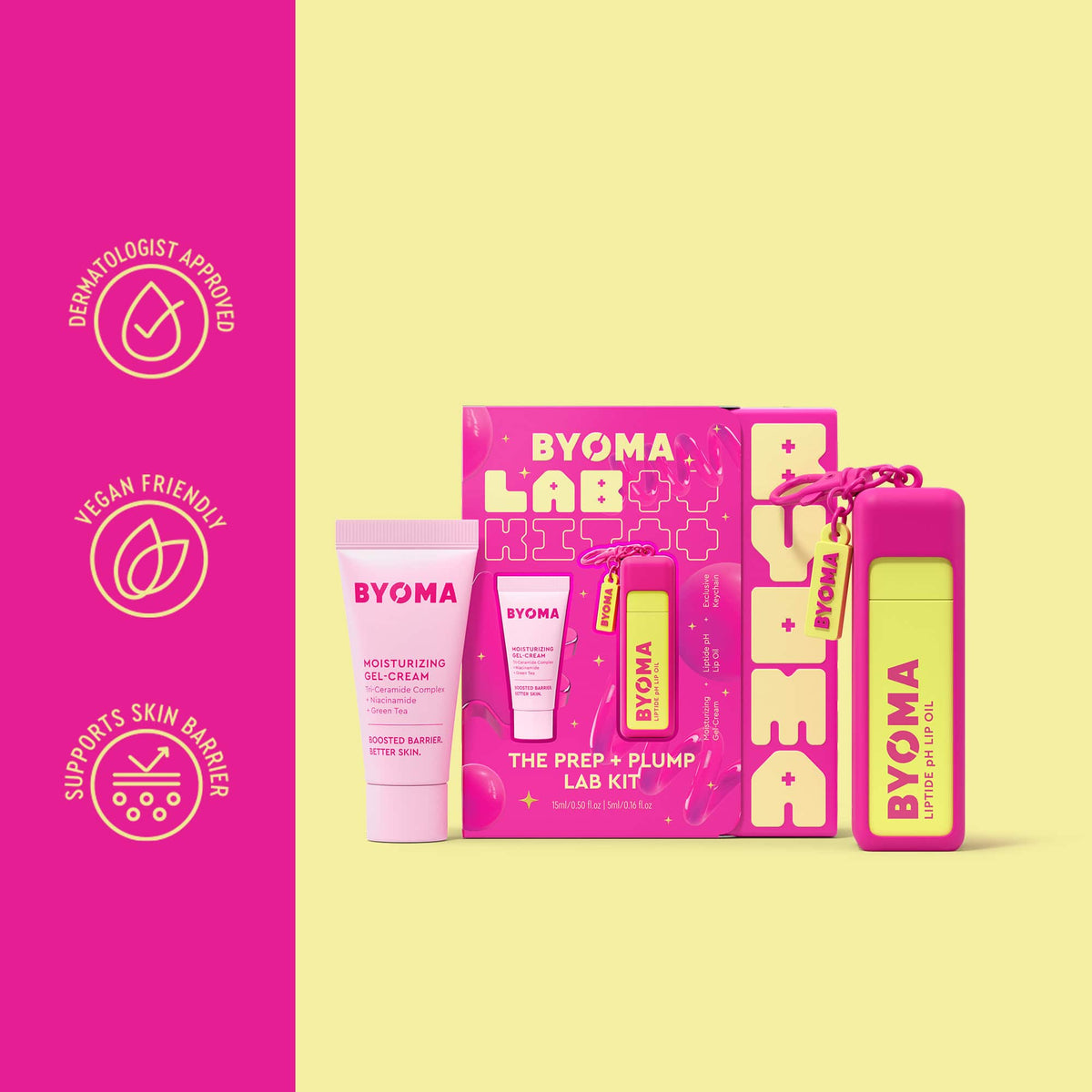 BYOMA Lab skincare set on a pale yellow background with a pink informational sidebar. The set includes a pink tube of moisturizing gel cream and a liptide lip oil.