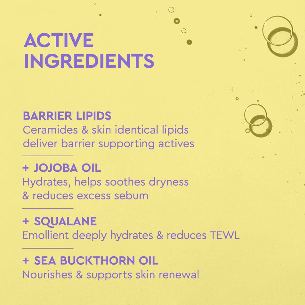 List of active ingredients for a skincare product on a yellow background
