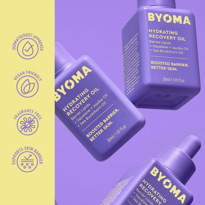 BYOMA hydrating recovery oil packaging on a purple and yellow background
